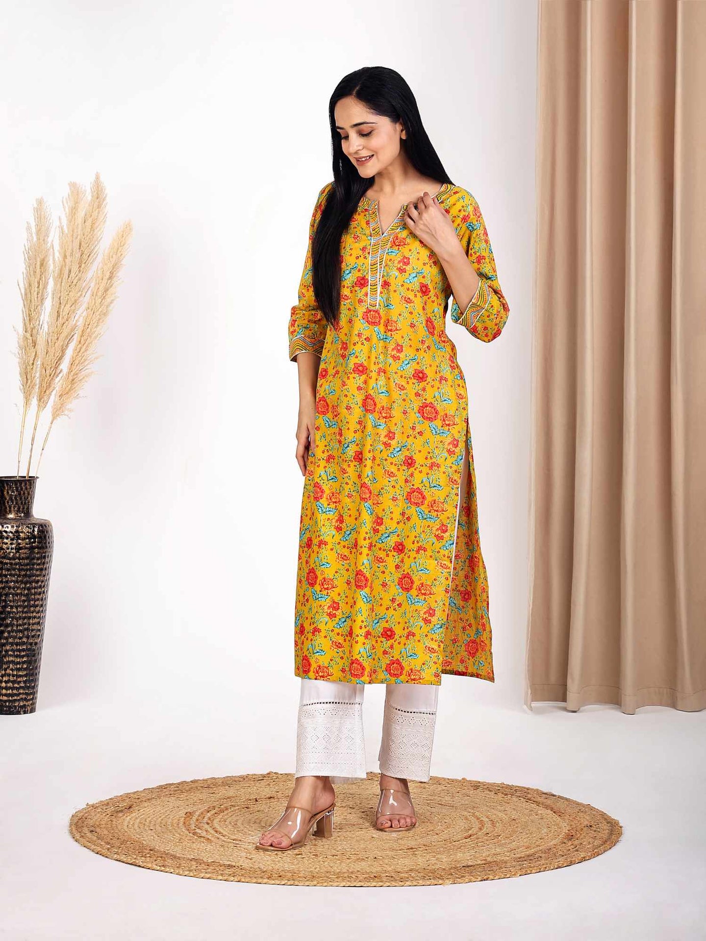 Yellow Round V-Neck Floral Printed Straight Kurta for Women